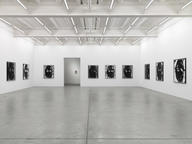 Installation view of Adam Pendleton and Pope.L wall-based works and sculptural installation