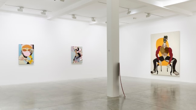 Installation view of paintings and sculptures by Tschabalala Self