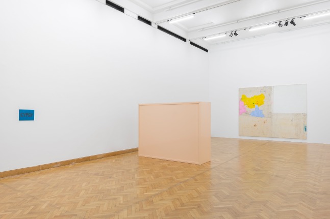 Installation view of paintings and sculptures by Joe Bradley