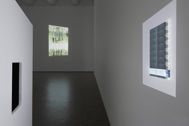Installation view of videos and sculptures by Trisha Donnelly