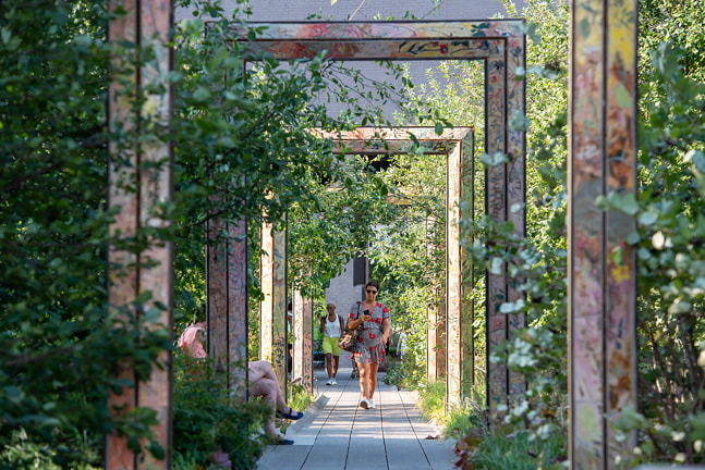 Installation view of outdoor sculptures by Sam Falls