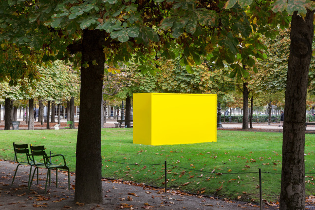 Outdoor view of yellow sculpture by Joe Bradley