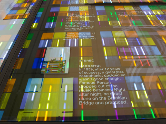 Installation view of sculptures and light installations by Liam Gillick