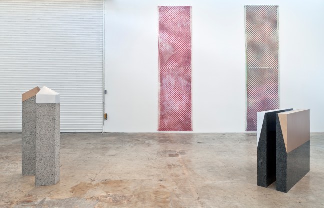 Installation view of paintings and sculptures by Sam Falls