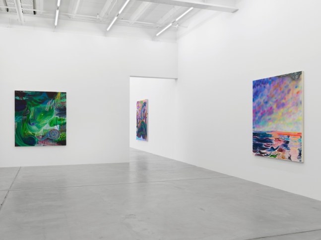 Installation view of Shara Hughes paintings exhibition