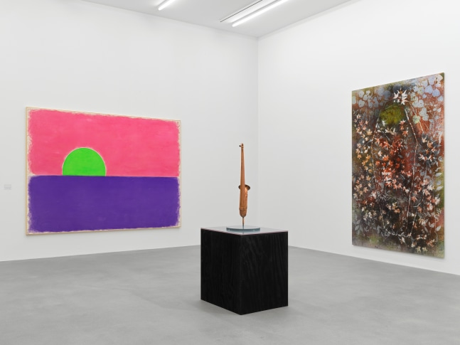 Installation view of group painting, print, and sculpture exhibition