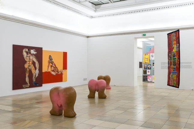 Installation view of paintings by Tschabalala Self