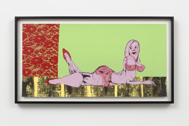 Home Alone - Chocolate Girl on Yellow Sofa

2023

Water-based screenprinting ink on Saunders paper

Unique

Sheet 61 x 121.5 cm / 24 x 47 7/8 in

Frame 72 x 132.5 x 5 cm / 28 3/8 x 52 1/4 x 2 in

&amp;copy; Tschabalala Self