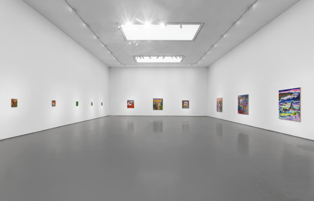 Installation view of paintings by Shara Hughes