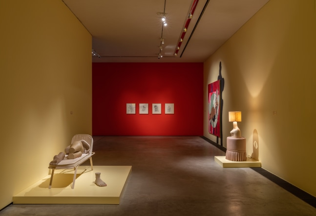 installation view of painting and drawings by Tschabalala Self