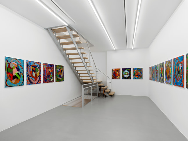 Installation view of Josh Smith paintings, monotypes, and ceramics exhibition