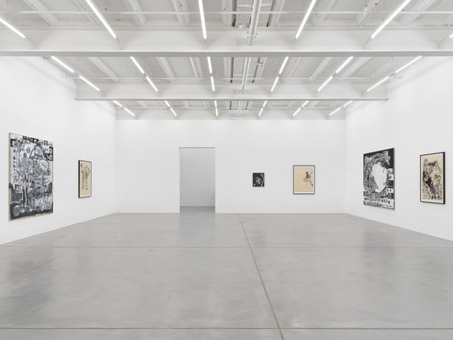Installation view of Tobias Pils paintings and ink works on paper exhibition