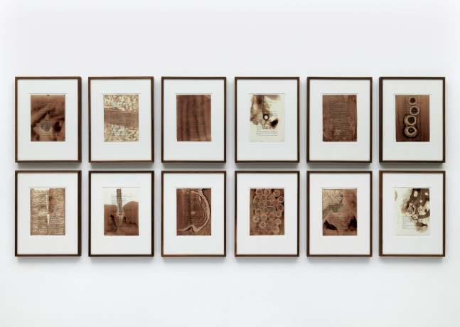 The Temptation of Saint Antony - Der Tod

1990

Cow blood, alcohol, water, xerography on rag paper; 12 parts; individually

framed

Unique

Each sheet 28.2 x 21.6 cm / 11 1/8 x 8 1/2 inches

Each frame 52.2 x 39.5 x 3.1 cm / 20 1/2 x 15 1/2 x 1 1/4 inches

&amp;copy; Tim Rollins and K.O.S.