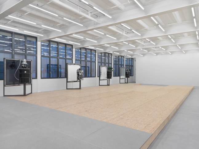 Installation view of Oscar Tuazon sculptures and floor installation exhibition