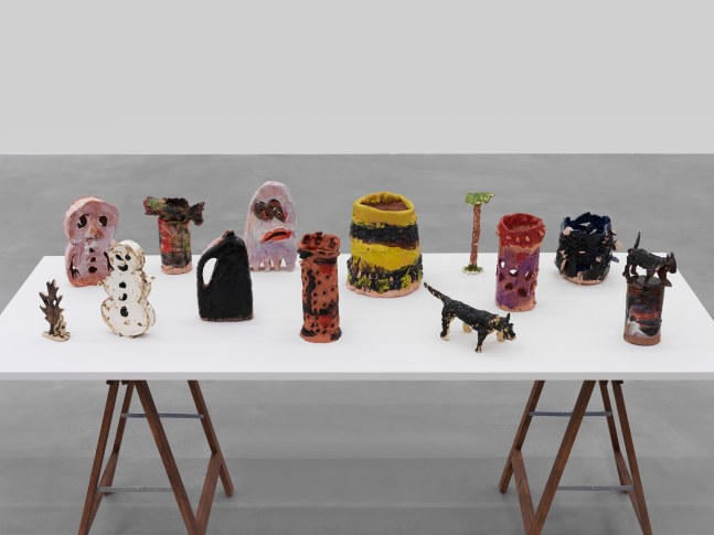 Installation view of Josh Smith paintings and ceramics exhibition