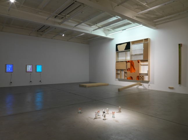 Installation view of Adam Pendleton and Pope.L wall-based works and sculptural installation
