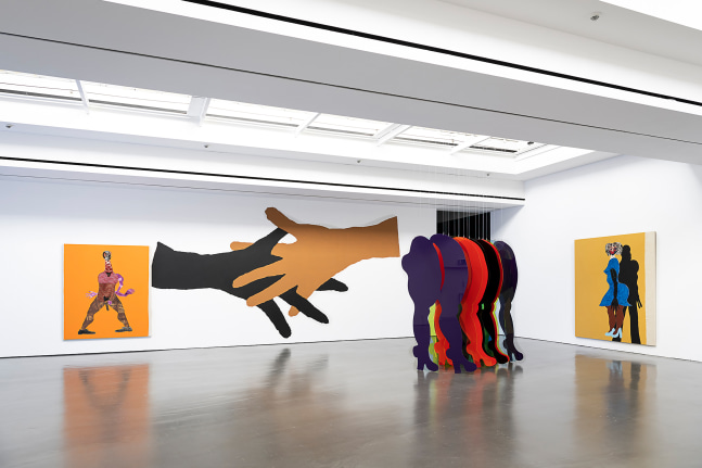 Installation view of paintings and sculptures by Tschabalala Self