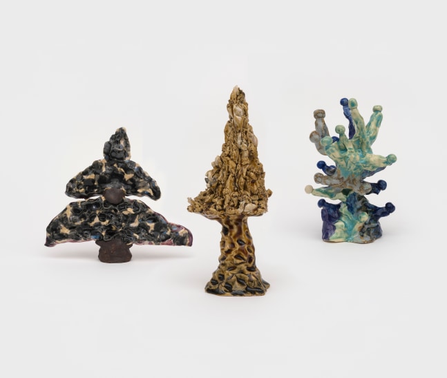 Tree Farm Group 5

2024

Glazed and painted ceramics; 3 parts

Object A 16 x 16 x 4 cm / 6 1/4 x 6 1/4 x 1 5/8 in

Object B 23 x 5 x 5 cm / 9 x 2 x 2 in

Object C 18.5 x 6 x 5 cm / 7 1/4 x 2 3/8 x 2 in

&amp;copy; Shara Hughes