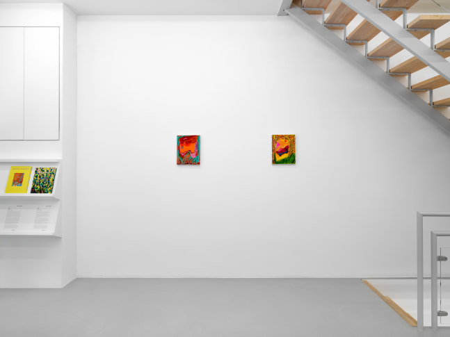 Installation view of Shara Hughes paintings and works on paper exhibition