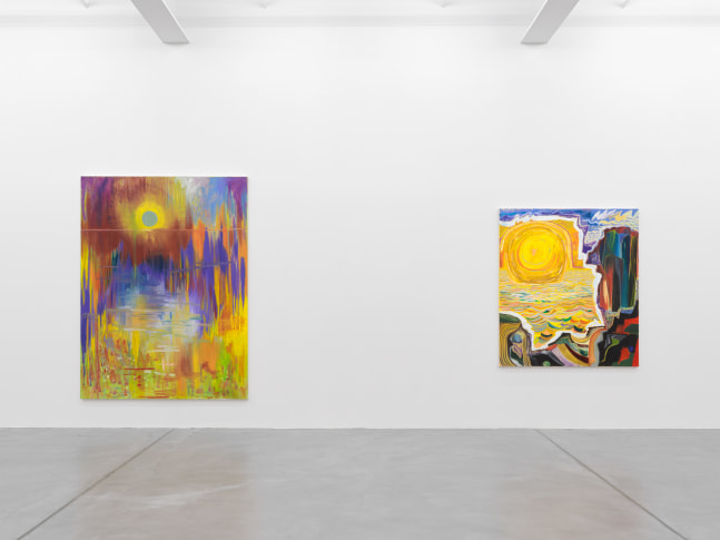 Installation view of Shara Hughes paintings