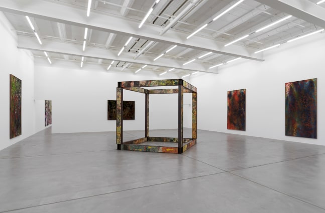 Installation view of Sam Falls paintings and sculptures exhibition