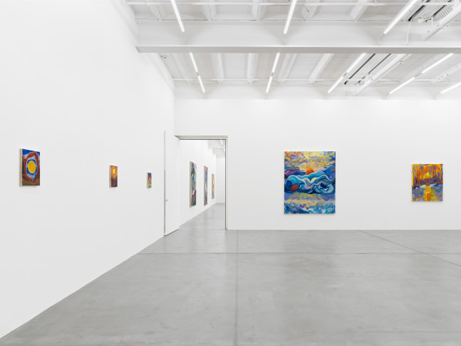 Installation view of Shara Hughes paintings