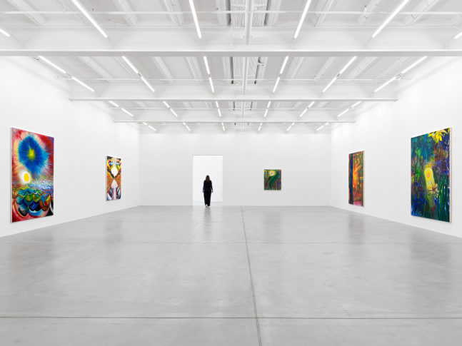 Installation view of Shara Hughes paintings