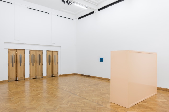 Installation view of paintings and sculptures by Joe Bradley