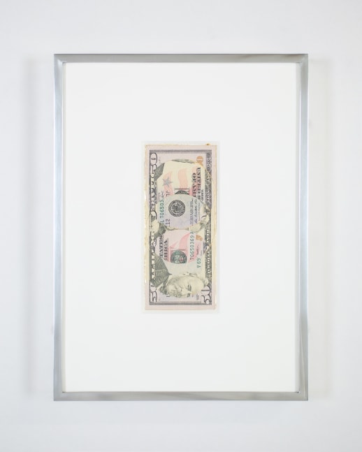 Blind Collage (Three 180&amp;deg; Rotations, United States Federal Reserve Fifty-Dollar Note: Series 2009, Issued by Federal Reserve Bank of San Francisco, California, Printed in Fort Worth, Texas, Plate Position C1, Front Plate No. 32, Back Plate No. 22, Serial No. JL70650369A, #2) 
2021
United States Federal Reserve fifty-dollar bill, tape, and 22 karat gold leaf
Object 6.5 x 15.5 cm / 2 5/8 x 6 1/8 inches
Frame 24 x 32.5 cm / 9 1/2 x 12 7/8 inches
BESHT48258

&amp;nbsp;