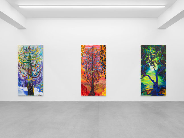 Installation view, Shara Hughes, Tree Farm, Galerie Eva Presenhuber, Waldmannstrasse, Zurich, 2024