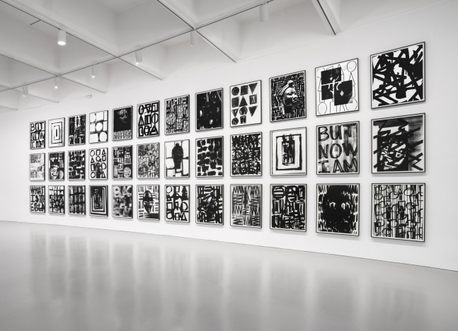 Installation view of paintings by Adam Pendleton