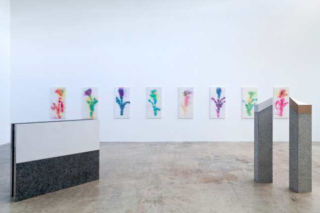 Installation view of paintings and sculptures by Sam Falls