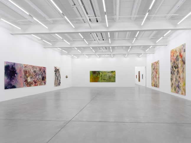 Installation view of Sam Falls paintings and ceramic reliefs exhibition