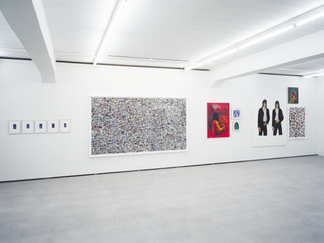 Installation view of Steven Shearer paintings, drawings, printed works, and sculpture exhibition