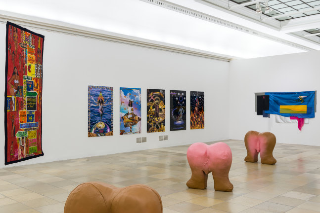 Installation view of paintings by Tschabalala Self