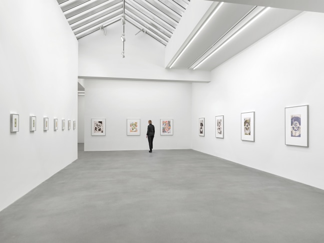 Installation view of Walead Beshty collage, photography, and sculpture exhibition