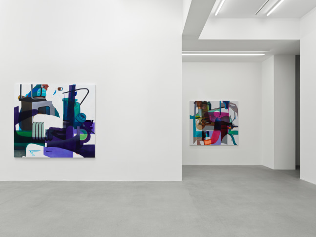 Installation view of paintings and video by Alex Hubbard