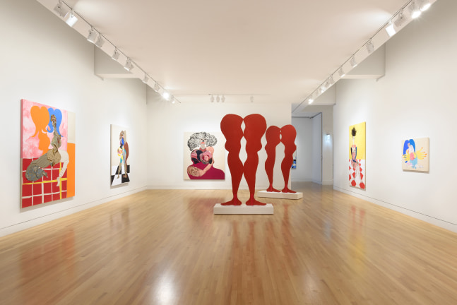 Installation view of paintings and sculptures by Tschabalala Self