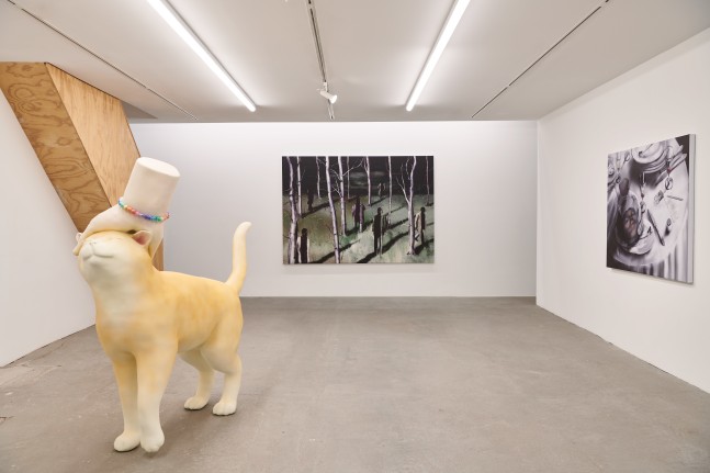 Installation views of paintings by Louisa Gagliardi and sculptures and lenticular works by Yves Scherer