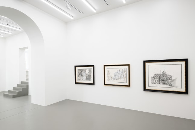 installation view of drawings and paintings by Karen Kilimnik