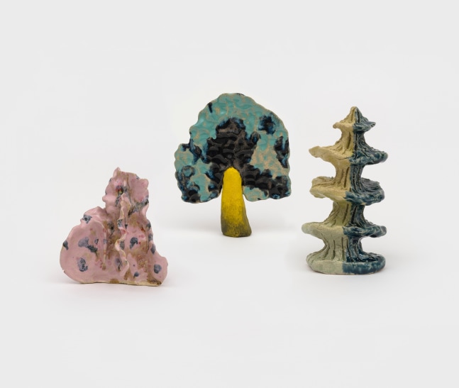 Tree Farm Group 2

2024

Glazed and painted ceramics; 3 parts

Object A 15.5 x 9 x 6 cm / 6 1/8 x 3 1/2 x 2 3/8 in

Object B 18 x 12 x 5 cm / 7 1/8 x 4 3/4 x 2 in

Object C 17 x 6 x 6 cm / 6 3/4 x 2 3/8 x 2 3/8 in

&amp;copy; Shara Hughes