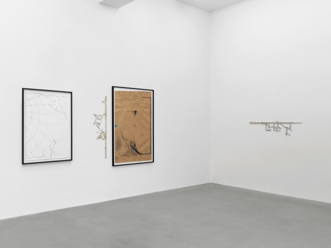 Installation view, Matias Faldbakken, Abstracts and Pewter Abstracts, Galerie Eva Presenhuber, Waldmannstrasse, Zurich, 2025