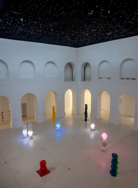 Installation view of sculptures and painting by Angela Bulloch