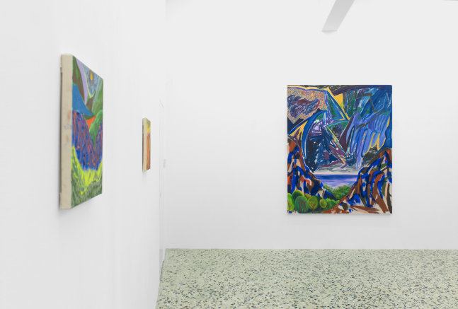Installation view of Shara Hughes paintings exhibition