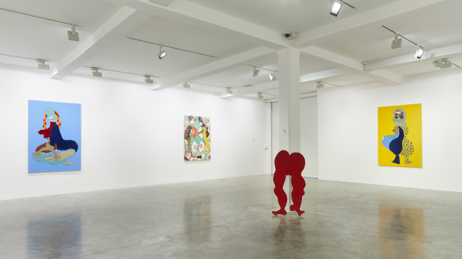 Installation view of paintings and sculptures by Tschabalala Self