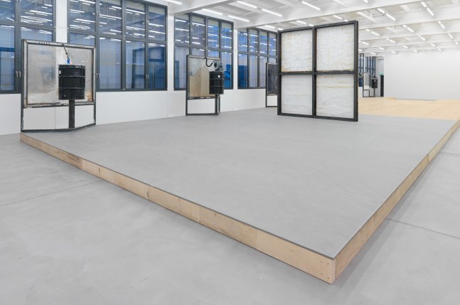 Installation view of Oscar Tuazon sculptures and floor installation exhibition