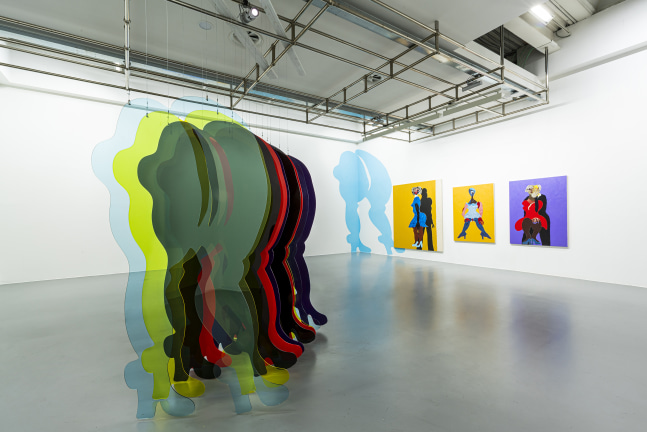 Installation view of paintings and sculptures by Tschabalala Self