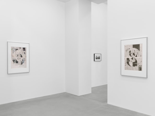 Installation view of Walead Beshty collage, photography, and sculpture exhibition