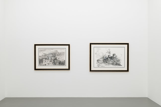 installation view of drawings and paintings by Karen Kilimnik