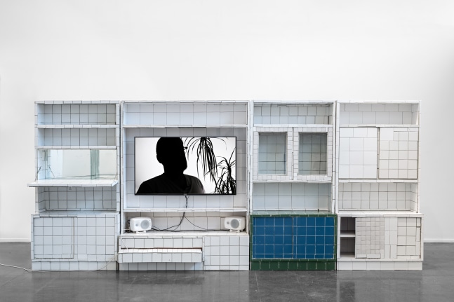 Indoor view of sculptural film installation by Matias Faldbakken